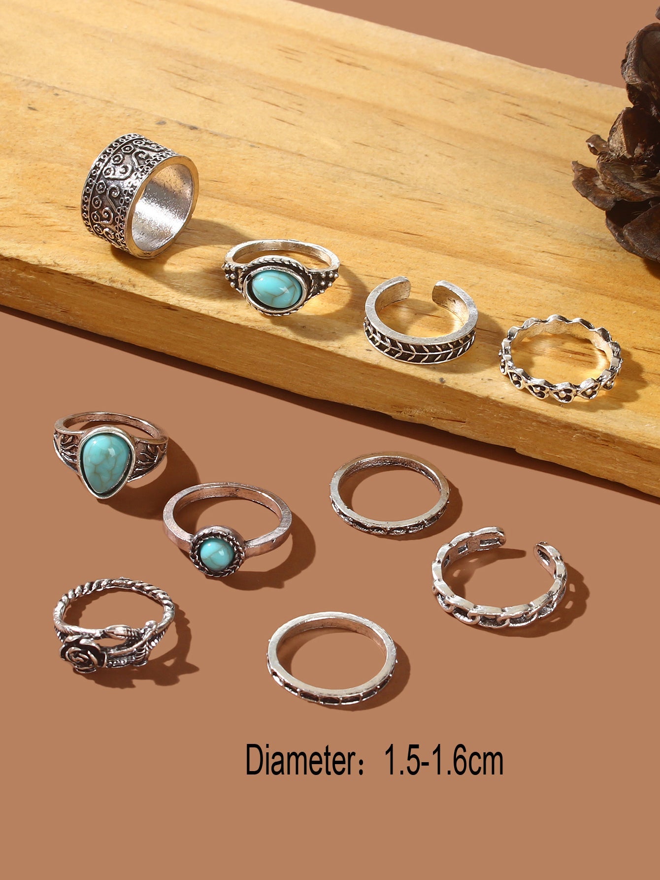 10 pcs Bohemian Antique Silver Turquoise Carved Flower Multiple Midi Rings Set