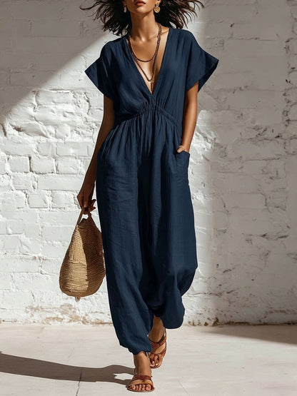 Deep V-neck loose fit pants for women