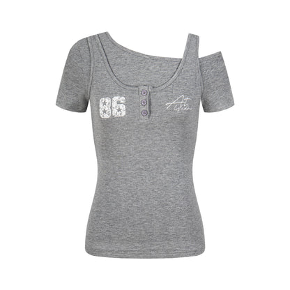 Women's Fake Two-Piece Slim Fit Casual Short Sleeve Minimalist Letter Print T-Shirt