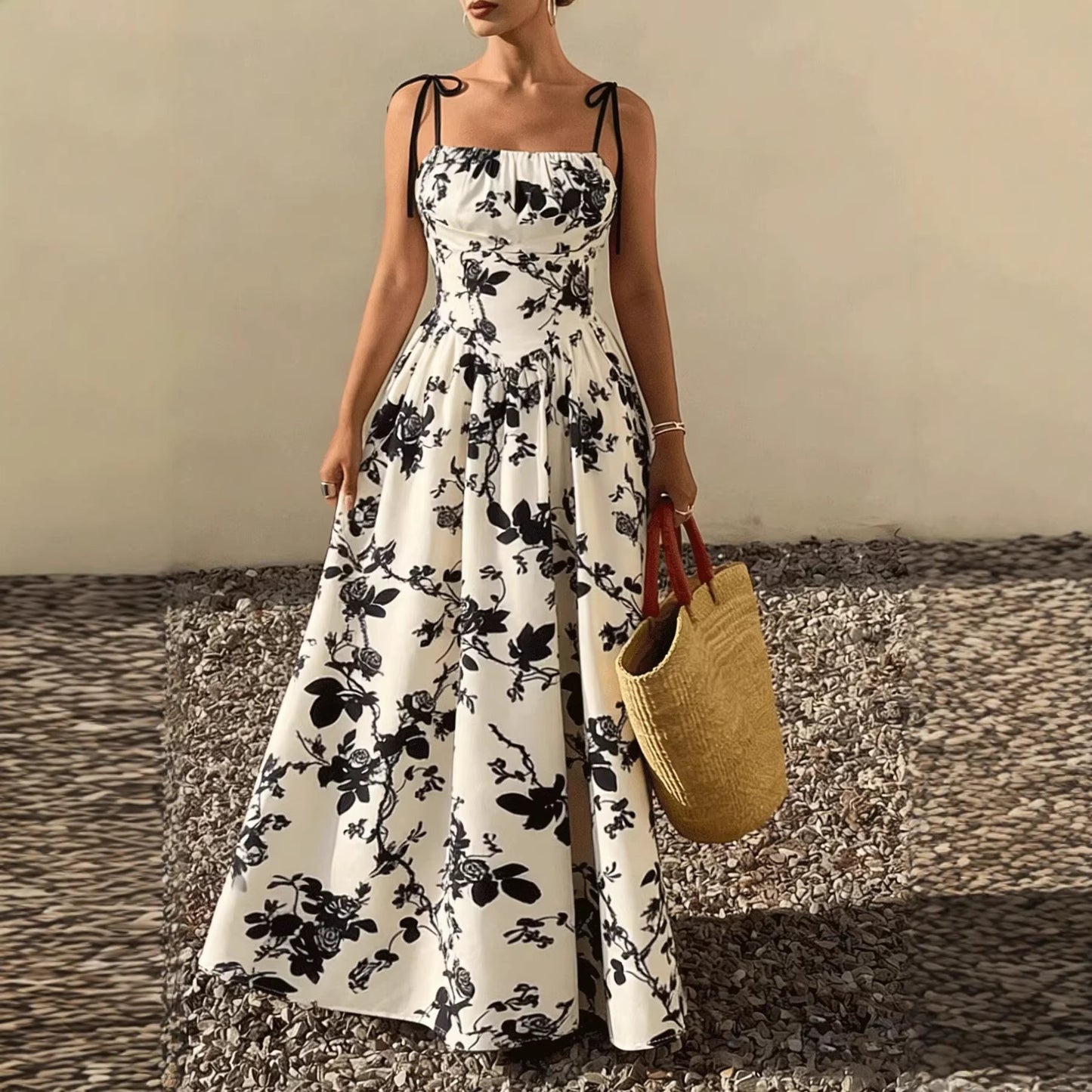 Flower waist cinching suspender big swing dress