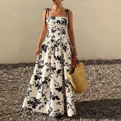 Flower waist cinching suspender big swing dress