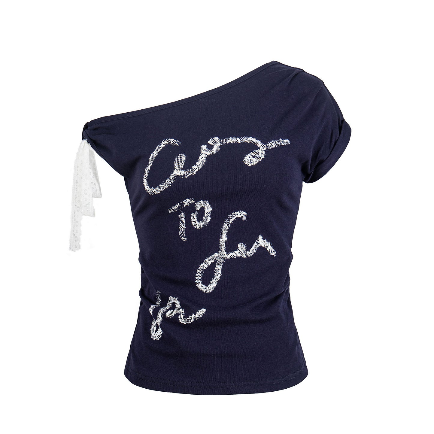 Shoulder Lace-up Silver Letter Print T-shirt Women Fitted Slim Fit Gathered Short Sleeve Top