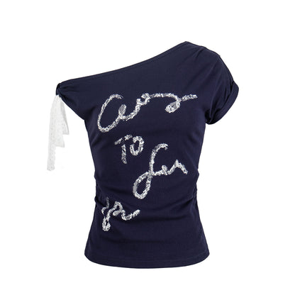 Shoulder Lace-up Silver Letter Print T-shirt Women Fitted Slim Fit Gathered Short Sleeve Top