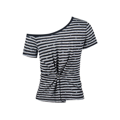 Striped Star Number Asymmetrical Shoulder T-Shirt Single Shoulder Off-Shoulder Slim Fit Crop Top