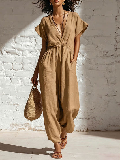 Deep V-neck loose fit pants for women