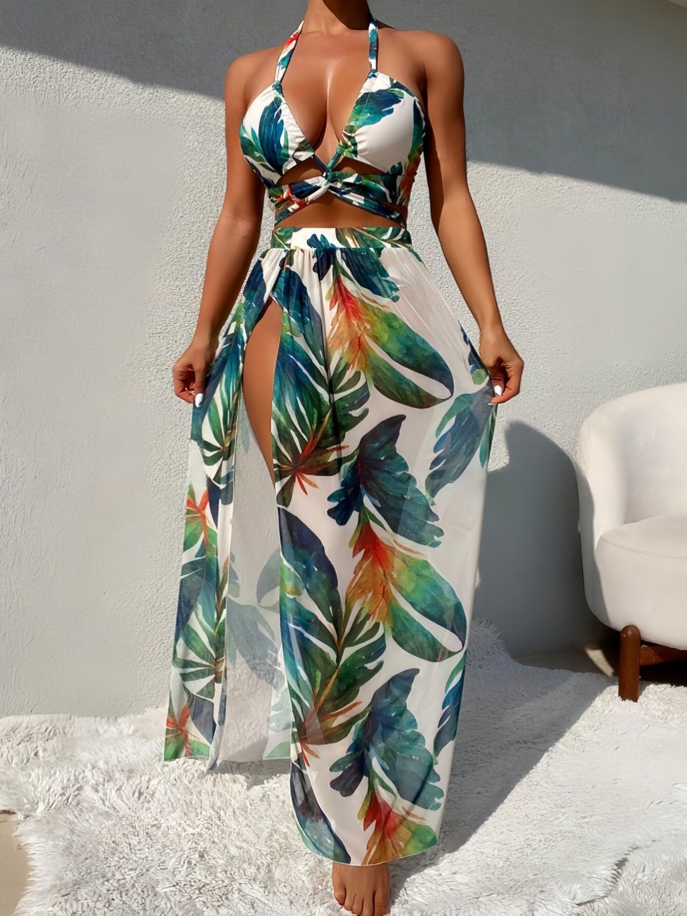 Floral Three-Piece Bikini  Backless Style Women's Swimwear