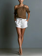 Chic Shoulder-Baring Short Sleeve Women's Casual Brown Linen-Cotton Blended Top