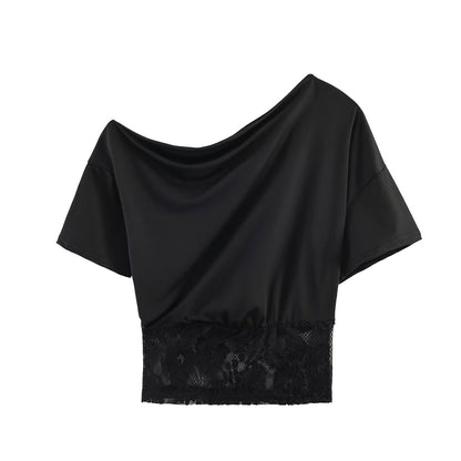 Spicy girl sexy lace patchwork sloping shoulder waistband top