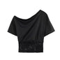 Spicy girl sexy lace patchwork sloping shoulder waistband top