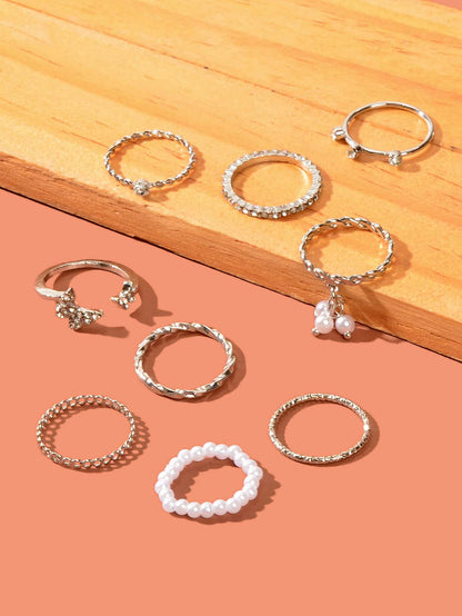 Set of Ten Silver Butterfly and Pearl Shaped Rings Elegant Statement Collection