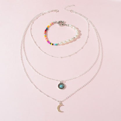 Stylish Silver Multi-Layer Necklace Colourful Beads Bracelet Set Vintage Jewelry