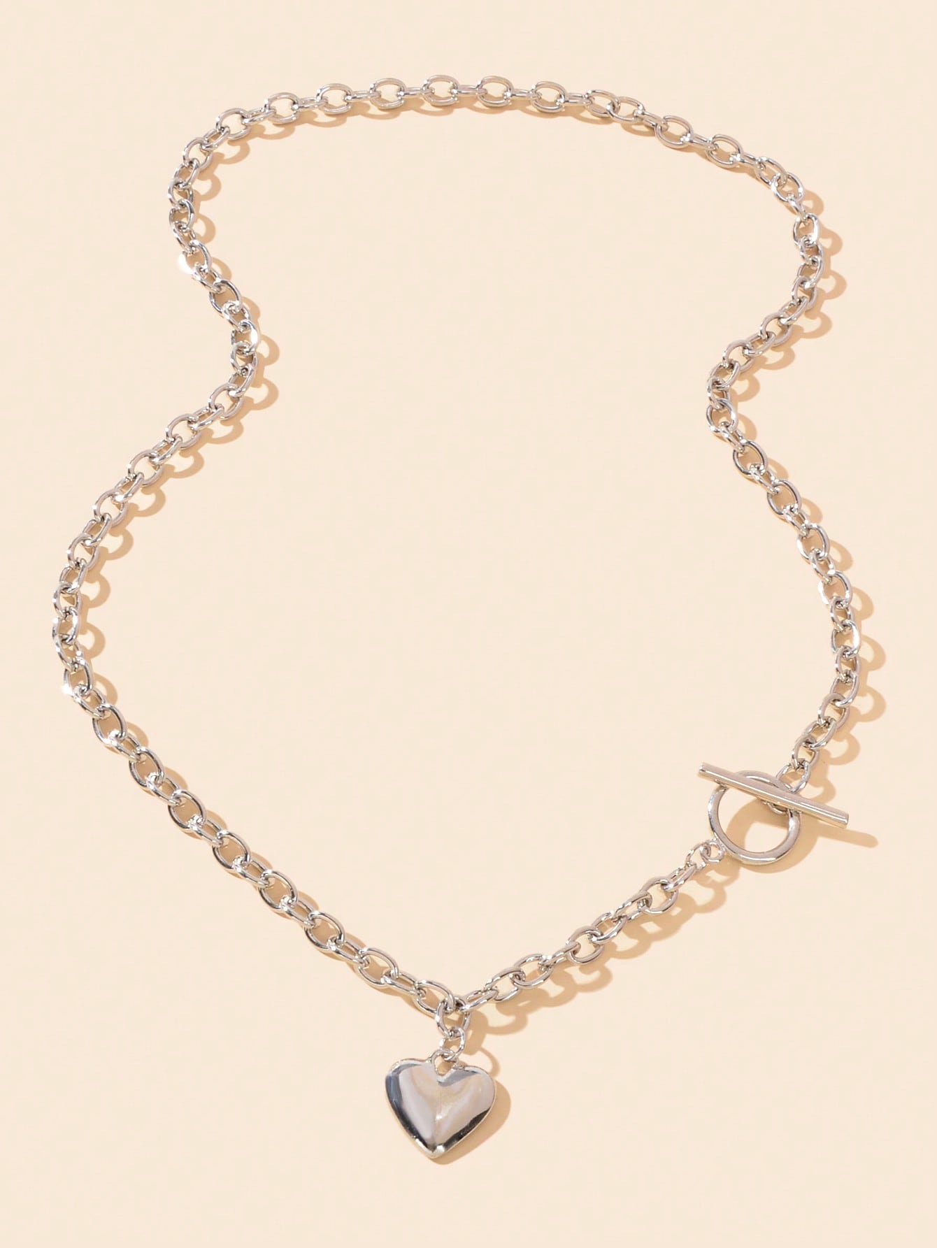 Silver Heart Pendant OT Clasp Necklace Elegant Statement Long Chain Jewelry