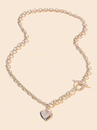 Silver Heart Pendant OT Clasp Necklace Elegant Statement Long Chain Jewelry