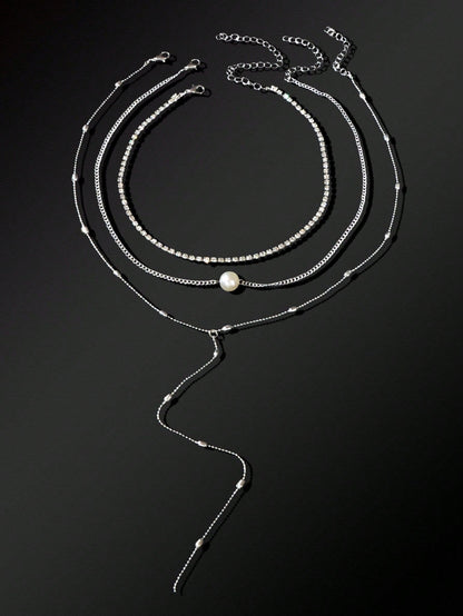 Silver Triple-Layer Chain Long Tassel Necklace Elegant Statement Piece