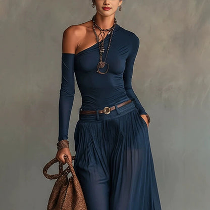 Fashionable Simple Solid Color Asymmetrical Shoulder Long Sleeve Casual Set with Belted Long Dress