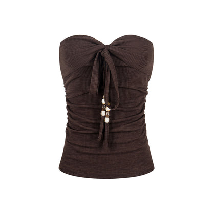 Beaded Drawstring Crop Top for Women, Fitted Slimming Side Pleated Knit Vest