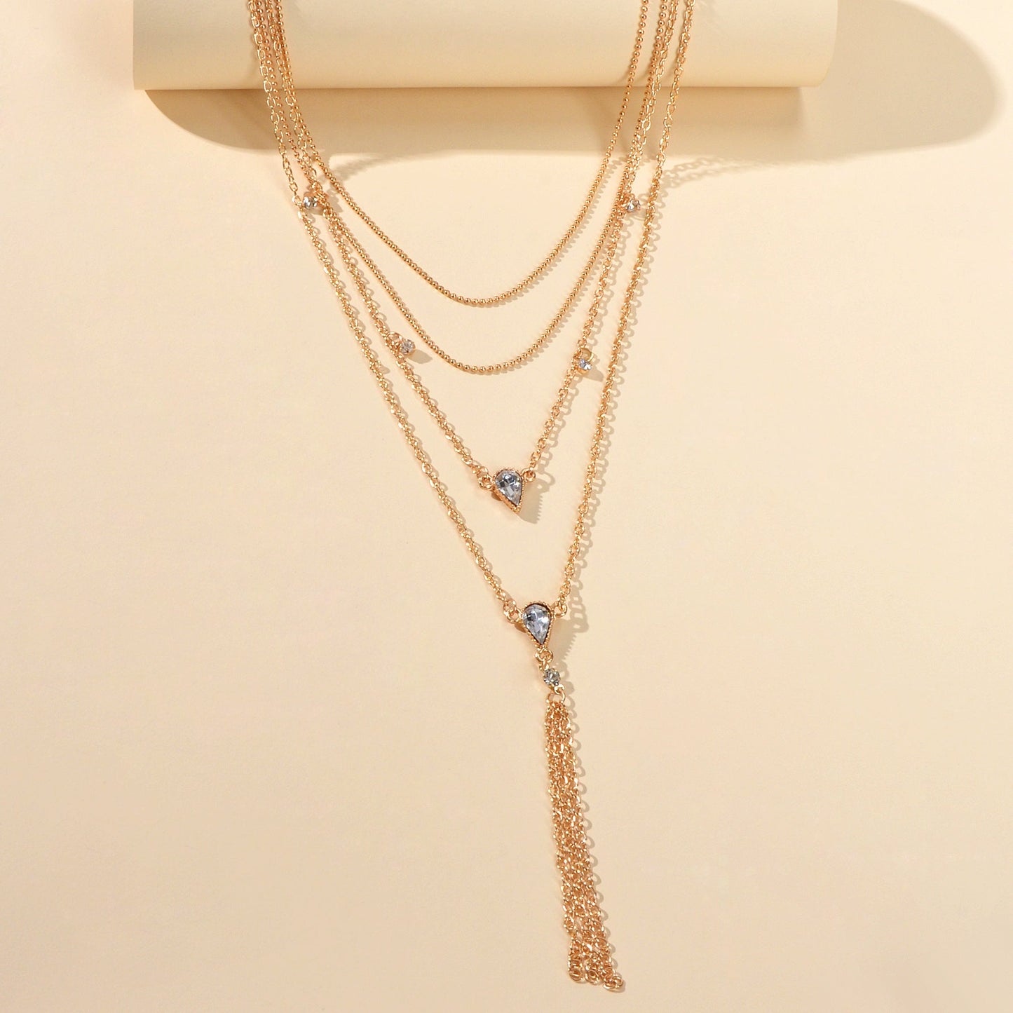 Statement Jewellery Rhinestone Multi-layer Gold Chain Tassel Pendant Necklace