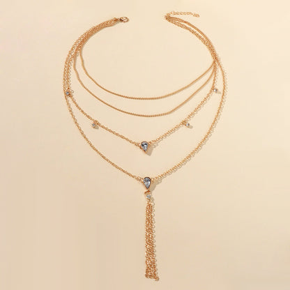 Statement Jewellery Rhinestone Multi-layer Gold Chain Tassel Pendant Necklace