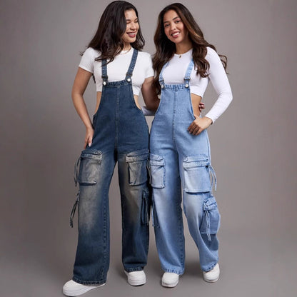 Casual Straight-Leg Denim Overalls for Women Street Style Multi-Pocket Denim Jumpsuit