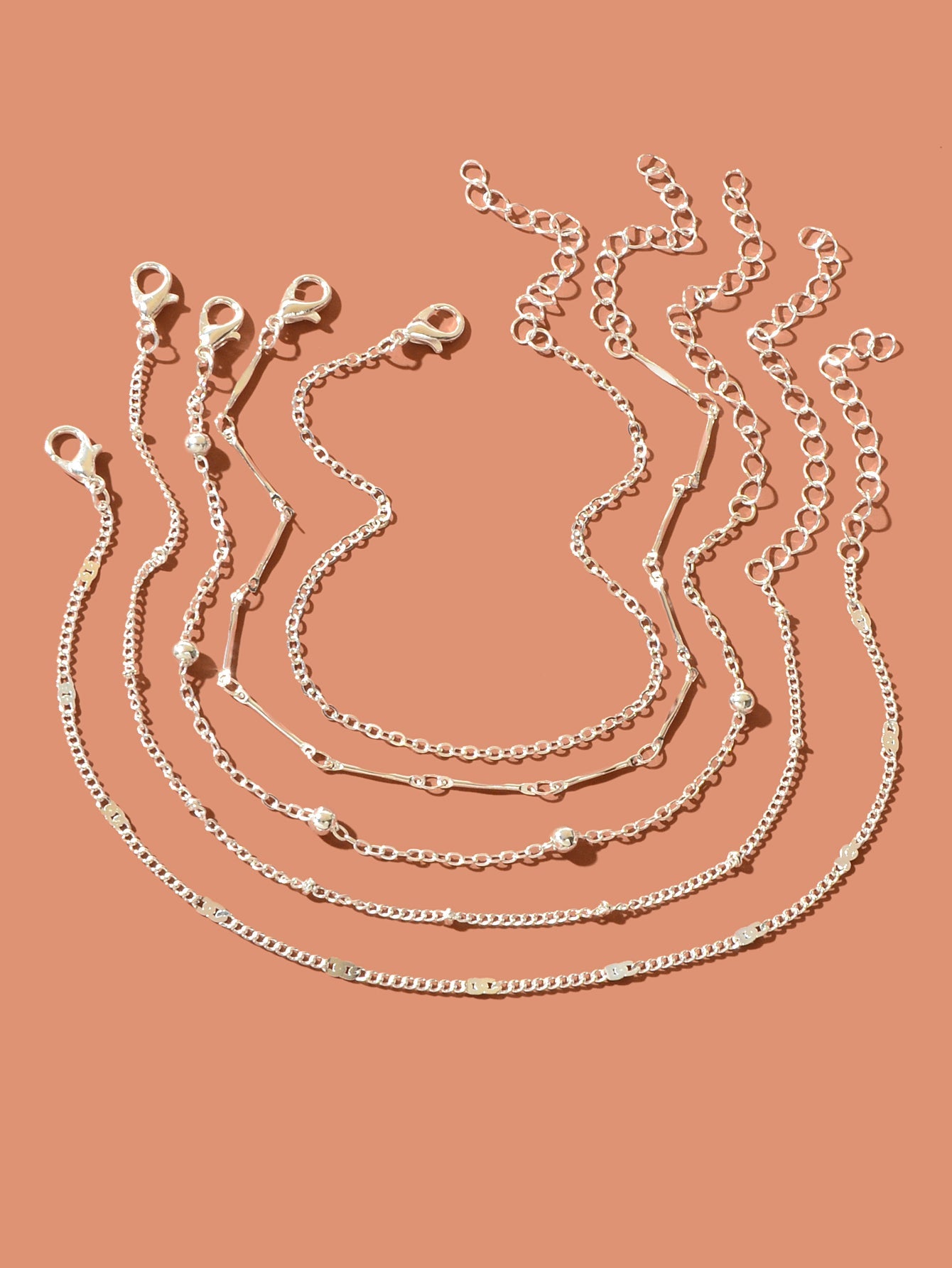 5 pcs Layered Multiple Silver Chain Stackable Anklets Beach Foot Jewellery