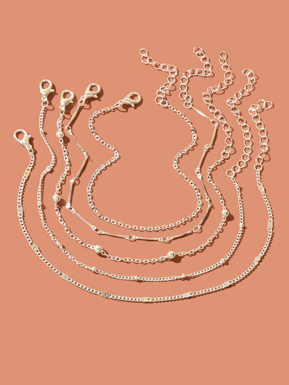 5 pcs Layered Multiple Silver Chain Stackable Anklets Beach Foot Jewellery
