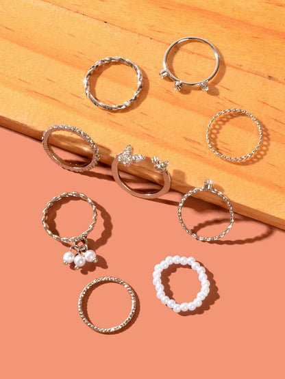 Set of Ten Silver Butterfly and Pearl Shaped Rings Elegant Statement Collection