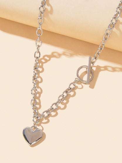 Silver Heart Pendant OT Clasp Necklace Elegant Statement Long Chain Jewelry