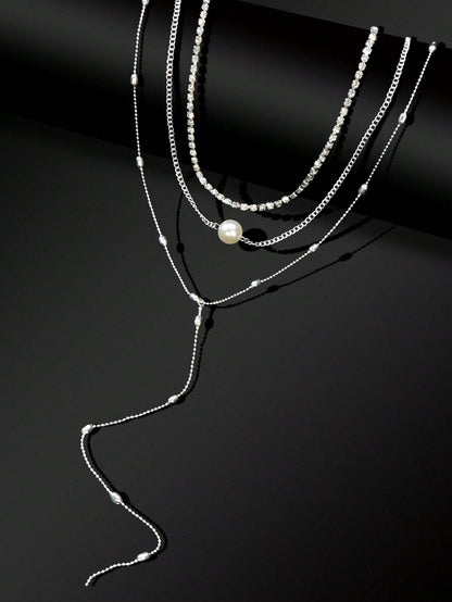 Silver Triple-Layer Chain Long Tassel Necklace Elegant Statement Piece