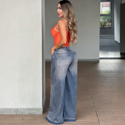 Women's High-Waisted Wide-Leg Jeans with Side Stripes Straight Leg Long Pants Summer New Style