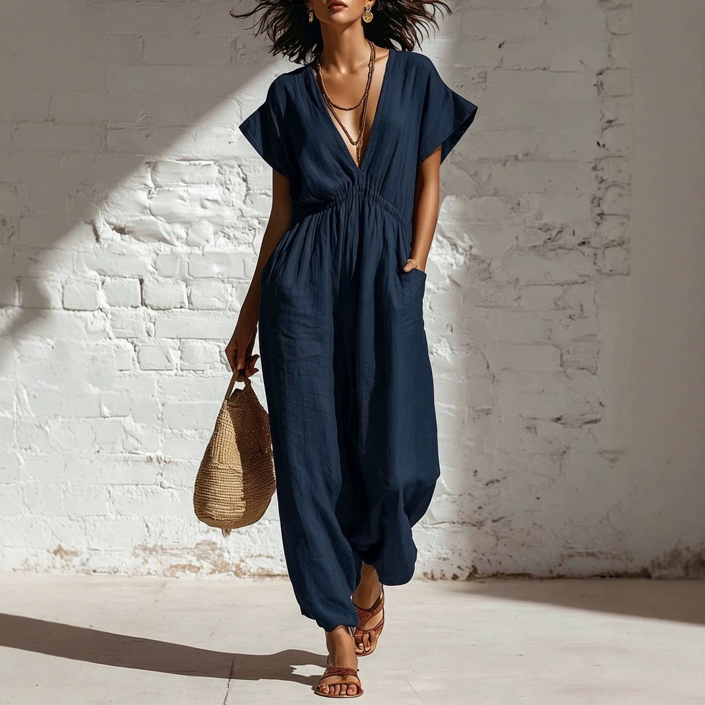 Deep V-neck loose fit pants for women