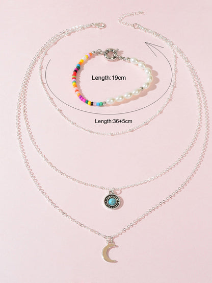 Stylish Silver Multi-Layer Necklace Colourful Beads Bracelet Set Vintage Jewelry