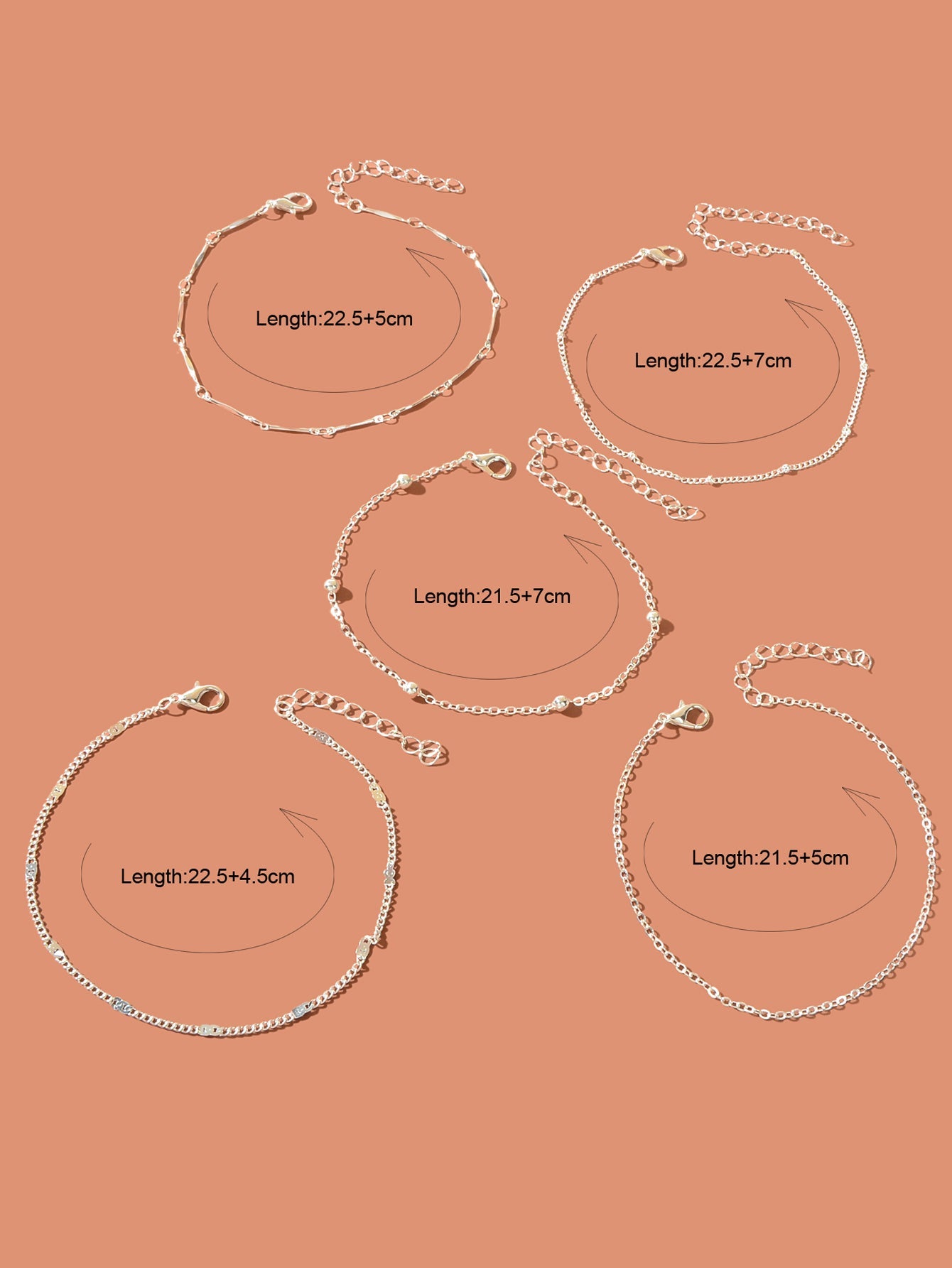 5 pcs Layered Multiple Silver Chain Stackable Anklets Beach Foot Jewellery