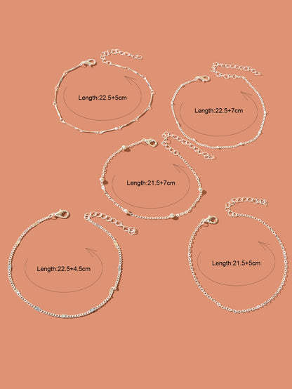 5 pcs Layered Multiple Silver Chain Stackable Anklets Beach Foot Jewellery