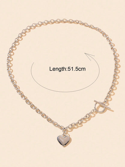 Silver Heart Pendant OT Clasp Necklace Elegant Statement Long Chain Jewelry