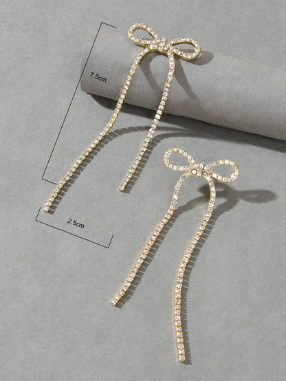 Clear Rhinestone Crystal Tassel Sparkle Bow Tie Dangle Bridal Wedding Earrings