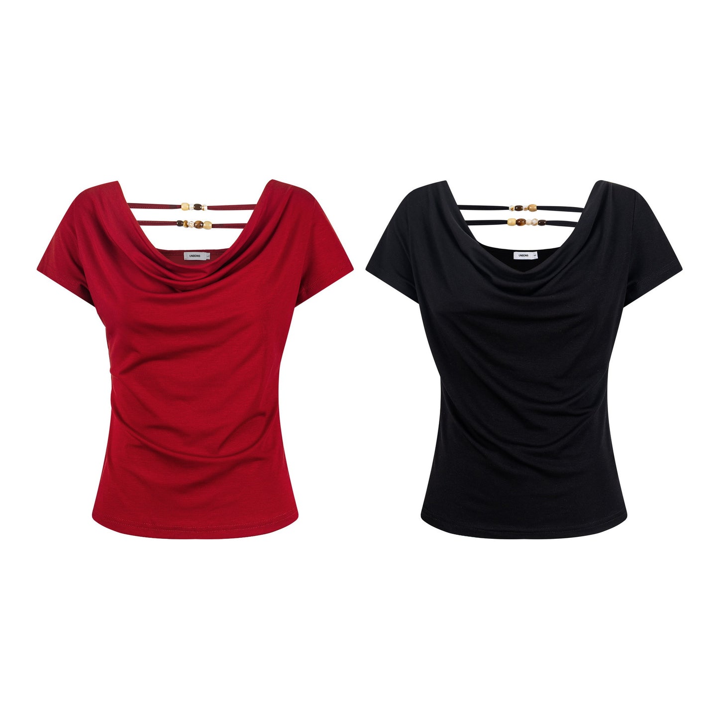 Off-Shoulder Short Sleeve T-Shirt with Back Beaded Detail, Fitted Slim Fit Top