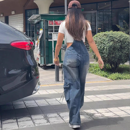 Casual Straight-Leg Denim Overalls for Women Street Style Multi-Pocket Denim Jumpsuit