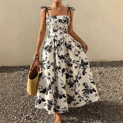 Flower waist cinching suspender big swing dress