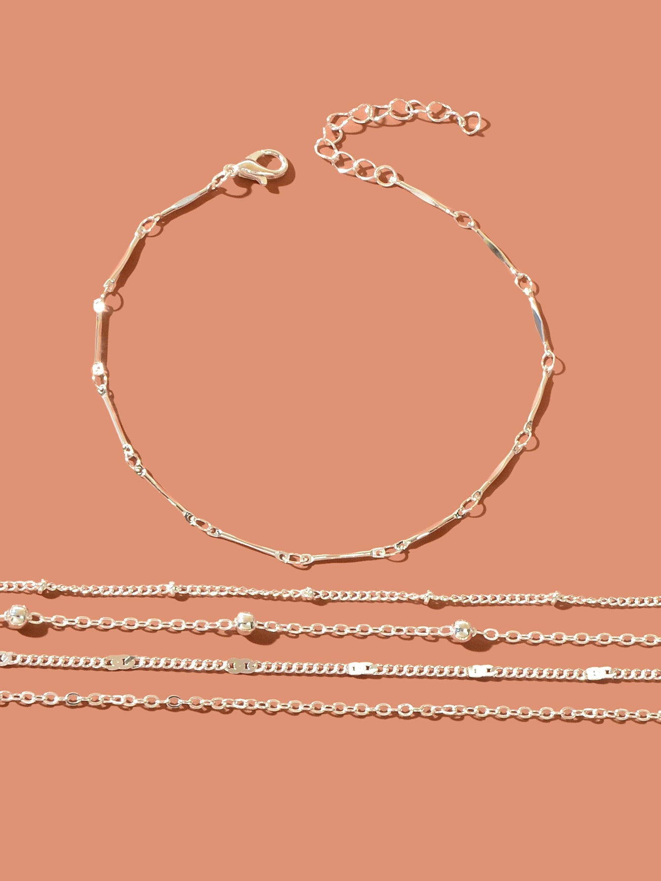 5 pcs Layered Multiple Silver Chain Stackable Anklets Beach Foot Jewellery