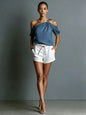 Chic Shoulder-Baring Short Sleeve Women's Casual Brown Linen-Cotton Blended Top