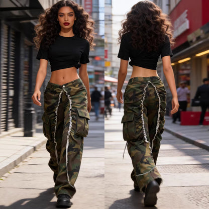 Women's Camouflage Jeans Fashionable Personality Pocket Pleated Fleece-Edge Casual Pants