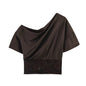 Spicy girl sexy lace patchwork sloping shoulder waistband top