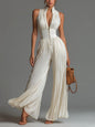 White Pleated Strap Neck Jumpsuit for Women, Long Wide Leg Fashion Sexy Folded Design