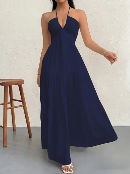 European and American Style Summer New Solid Color Strapless Sexy Backless Tie-Up Beach Vacation Casual Halter Neck Dress