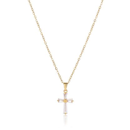18K gold stainless steel geometric cross pendant inlaid with white zircon collarbone necklace