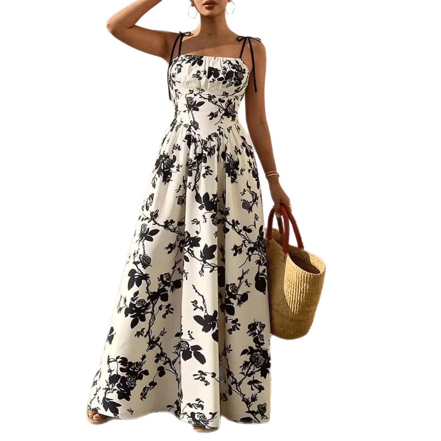 Flower waist cinching suspender big swing dress