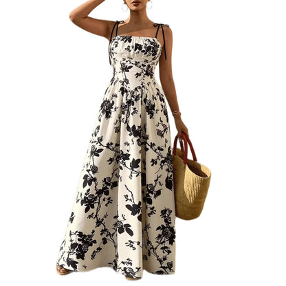 Flower waist cinching suspender big swing dress