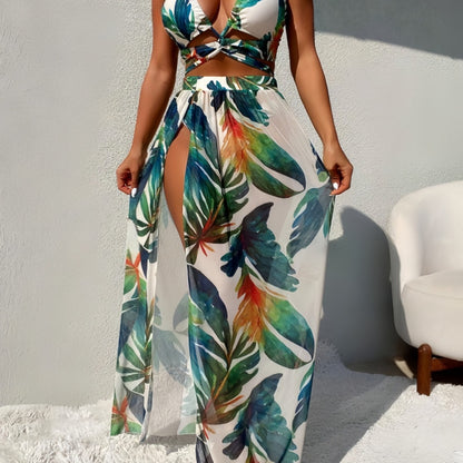 Floral Three-Piece Bikini  Backless Style Women's Swimwear