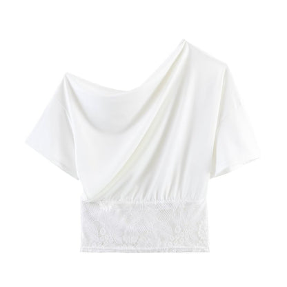Spicy girl sexy lace patchwork sloping shoulder waistband top