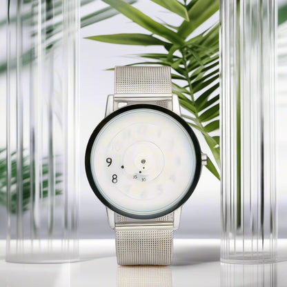 New concept pointerless watch with mesh dial, trendy and fashionable steel strap watch for young people.